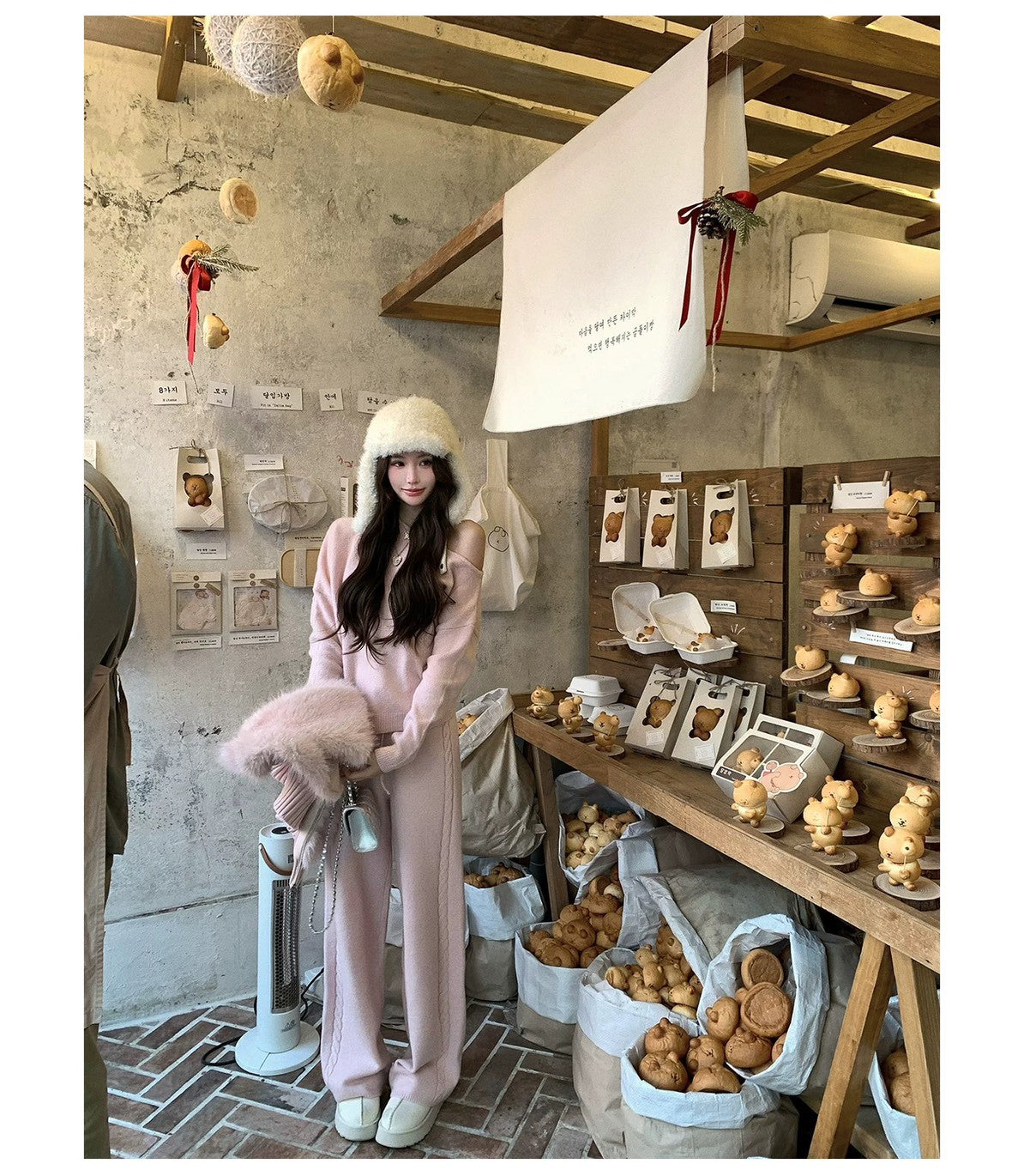 Mon. 元英白月光 韓女慵懶斜肩針織套裝 粉