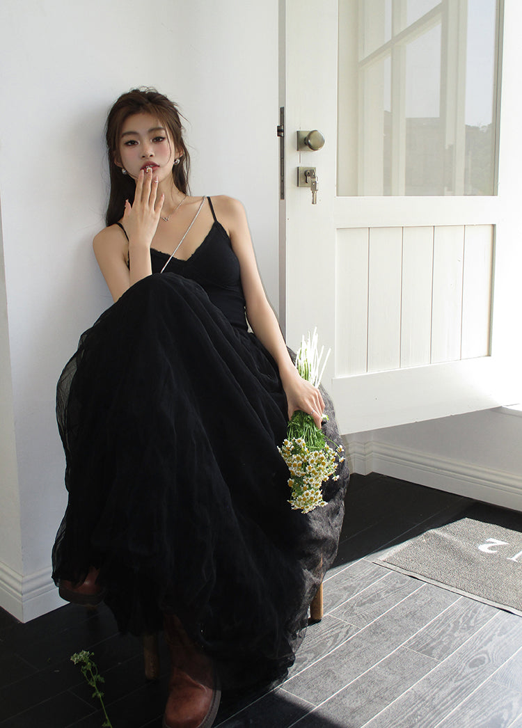 Sun. 芭蕾網紗拼接連身裙 黑