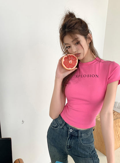 Fri. 美式短板上衣-粉 車縫修身喇叭褲