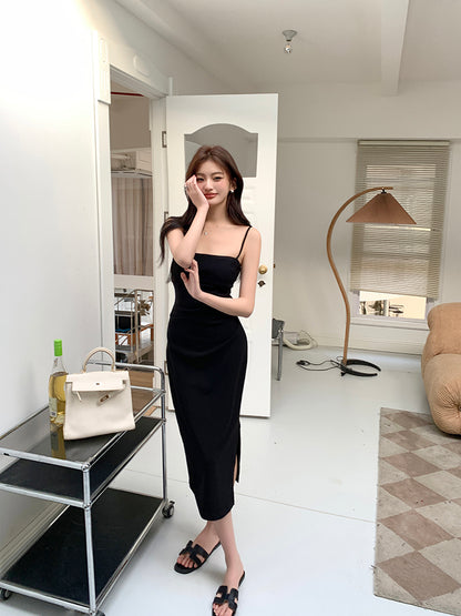 Wed. 氣質平口腰繫抓皺連身長裙 黑