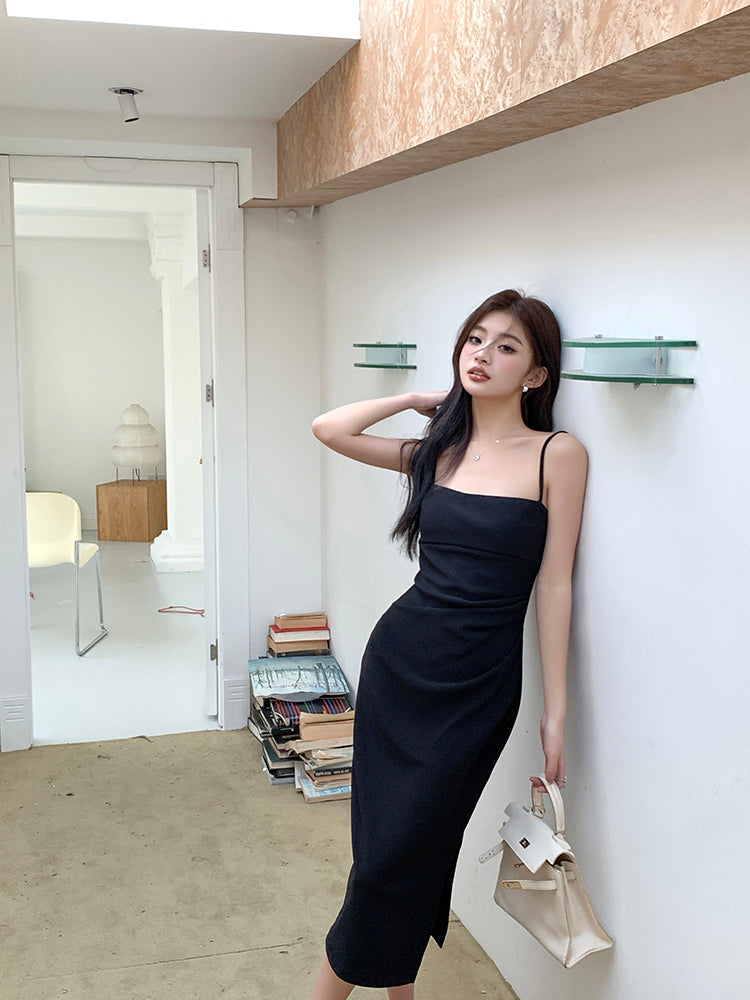 Wed. 氣質平口腰繫抓皺連身長裙 黑