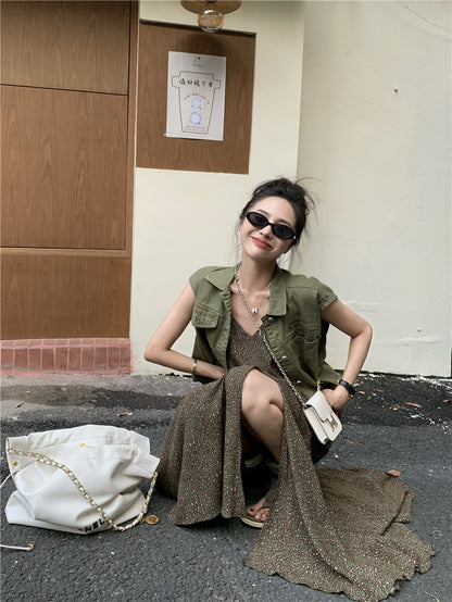 Thu. 復古v領連身長裙 復古排扣背心