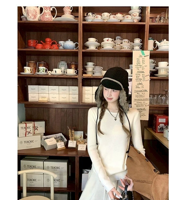 Thu. Cheese拿鐵韓系修身圓領針織打底 白/灰