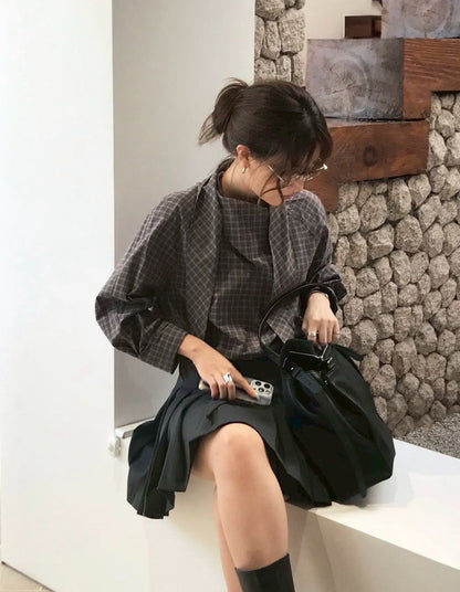 Mon. 復古格紋飄帶襯衫