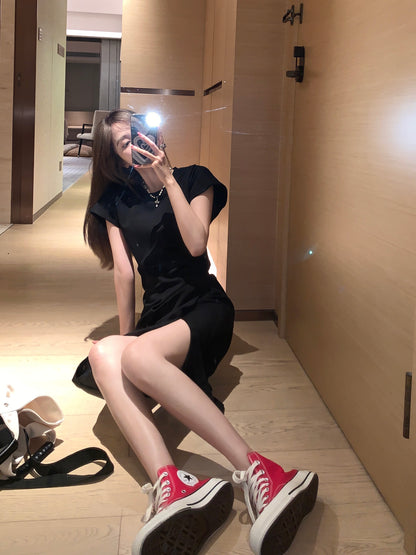 Sun. 休閒抓皺開叉連身T恤 黑