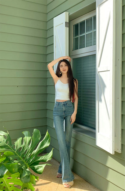 Mon. 復古顯瘦高腰喇叭褲 淺藍