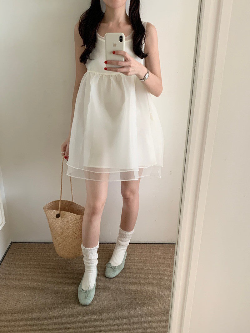 Mon. 雲朵飄飄後繫帶蝴蝶結網紗連身裙