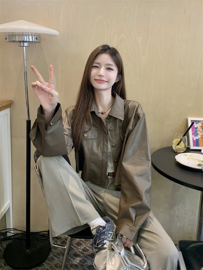 Mon. 今年必入短版皮襯衫外套 黑/咖