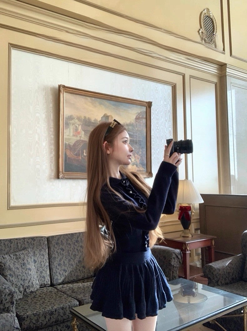 Tue. 優等生公式 藏藍木耳邊針織半身裙套裝