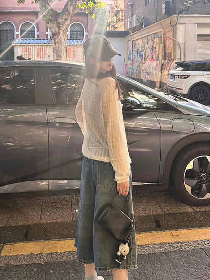 Mon. 淡系老錢 交叉縷空圓領針織薄長袖 白