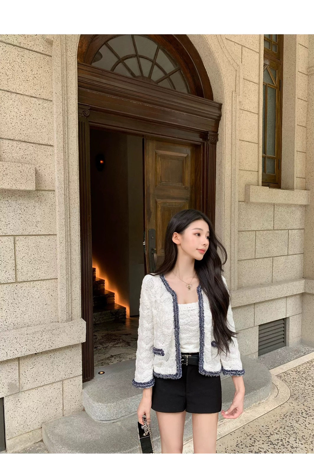 Thu. 小香特種紗牛仔藍撞色針織背心外套2件組