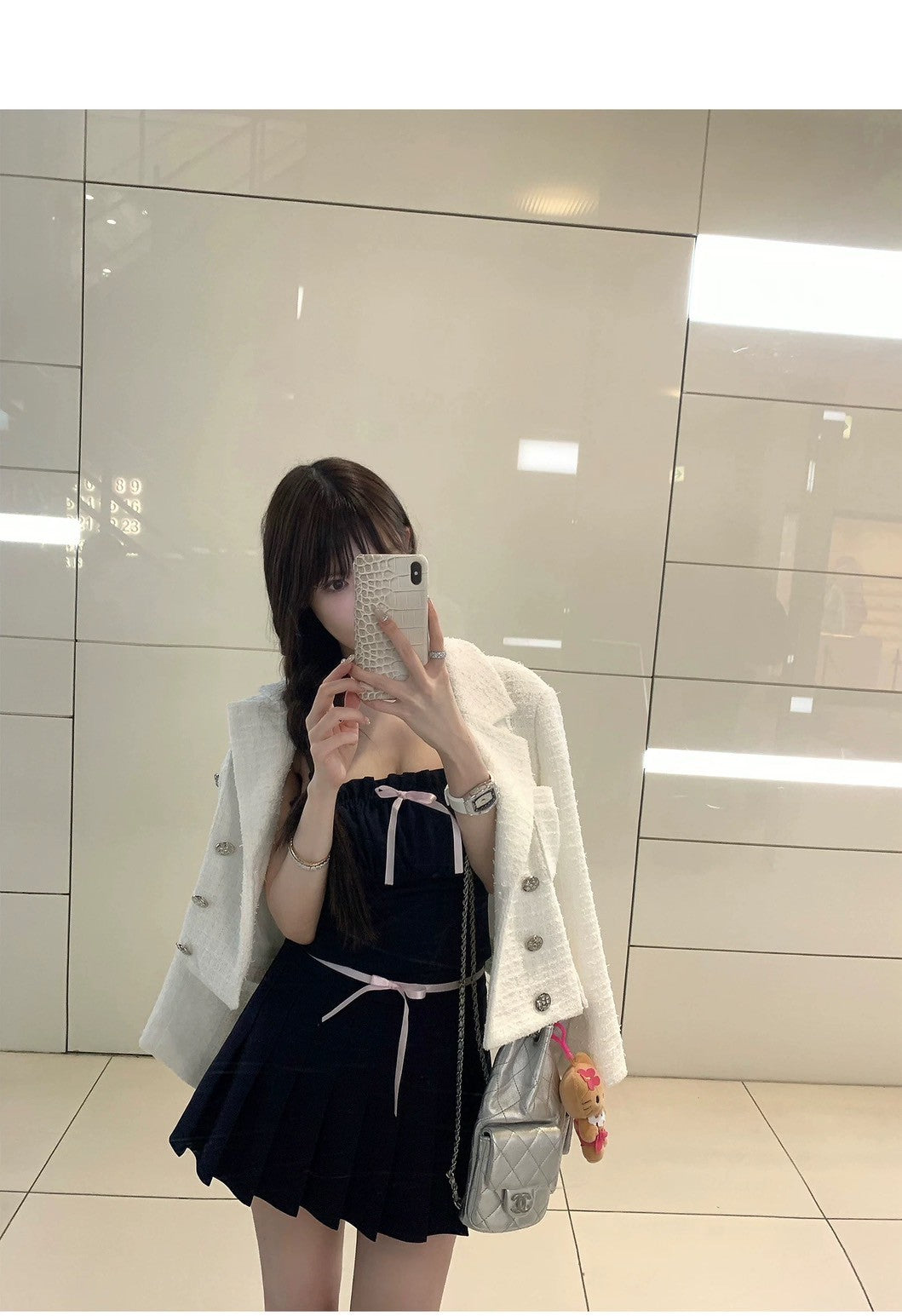 Fri. 藏青蝴蝶結少女 抓皺抹胸百褶裙套裝