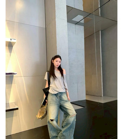 Mon. 復古壓褶做舊刷破美系牛仔褲