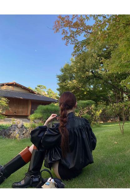 Thu. 氣質雲朵燈籠袖立領短款皮夾克