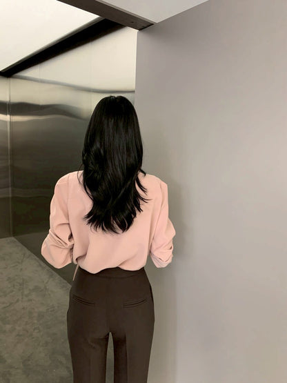 Fri. 法式新款掛脖飄帶氣質上衣 粉/藍