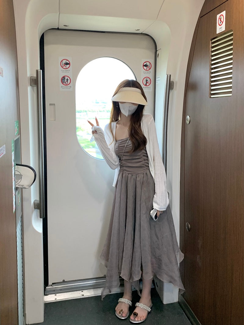 Sun. 鹽系抓皺抹胸網紗連身裙 & 罩衫