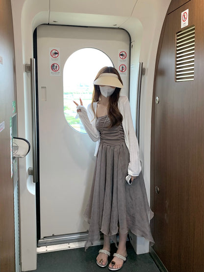 Sun. 鹽系抓皺抹胸網紗連身裙 & 罩衫