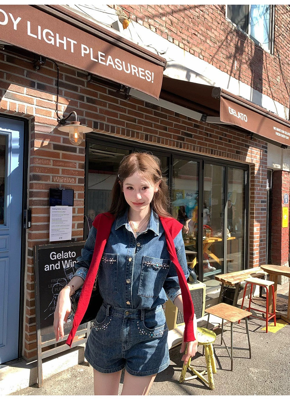 Mon. 牧場女孩茅釘刺繡高腰牛仔短褲套裝