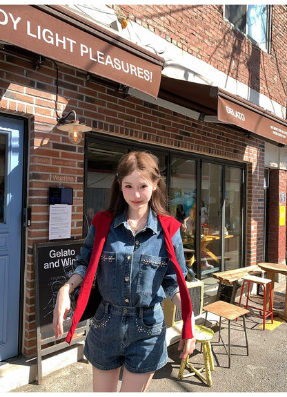 Mon. 牧場女孩茅釘刺繡高腰牛仔短褲套裝