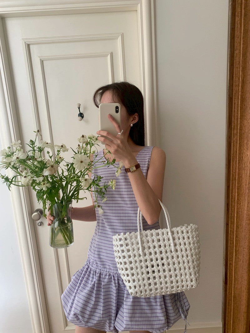 Mon. 紫色浪漫背心拼接花苞抽繩連身裙 格紋