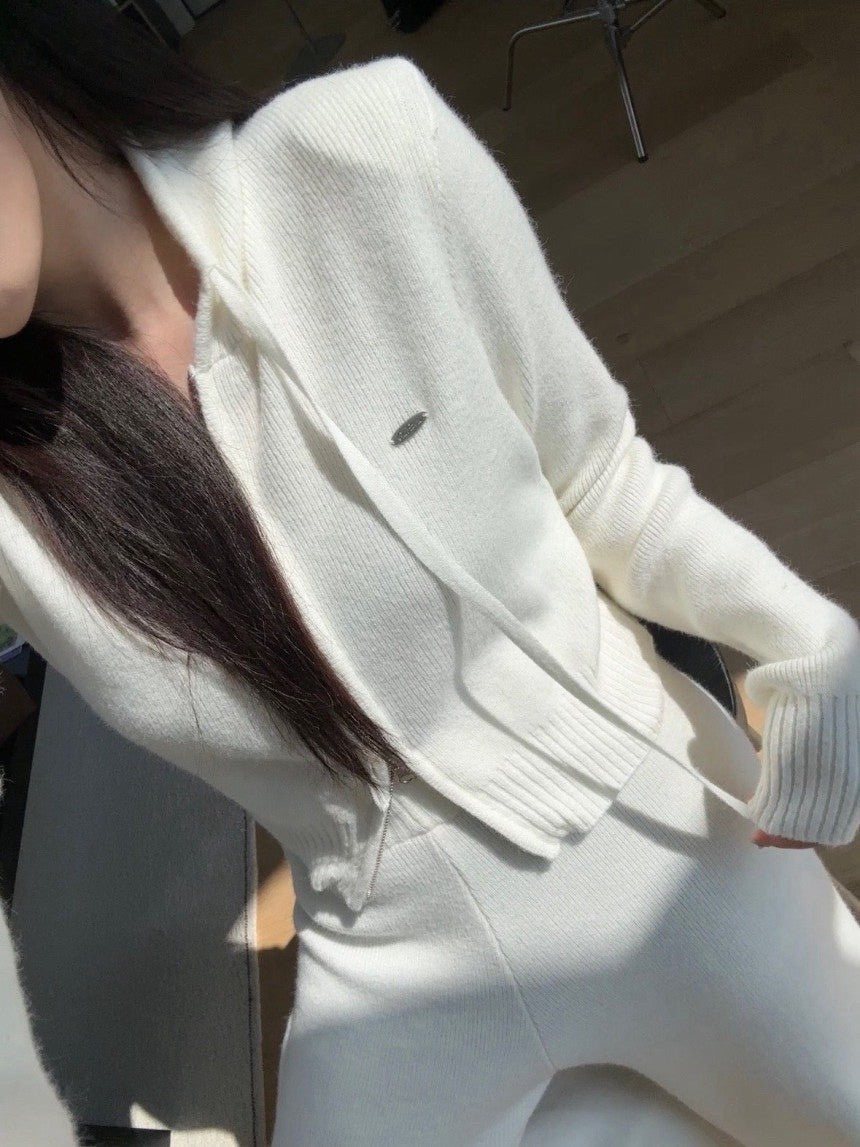 Mon. 運動休閒雙拉鏈連帽針織休閒褲套裝 米/灰