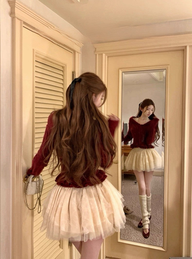 Tue. 溫婉雪松vtg木耳邊翻領羊毛衣 蛋白皺皺半身裙 紅/短款