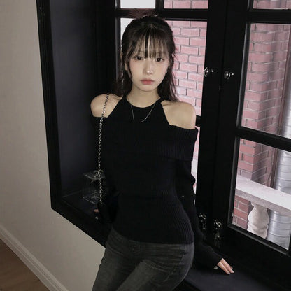 Mon. 純慾滿分 假兩件式露肩修身針織上衣 黑