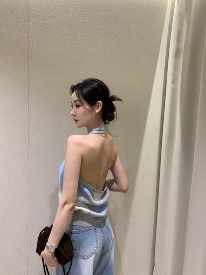 Tue. 復古菱格掛脖針織背心 淺藍