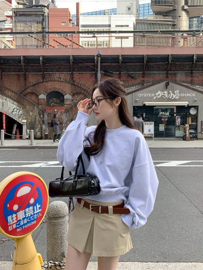 Fri. 休閒慵懶圓領衛衣 韓版百搭褲裙 花灰卡褲