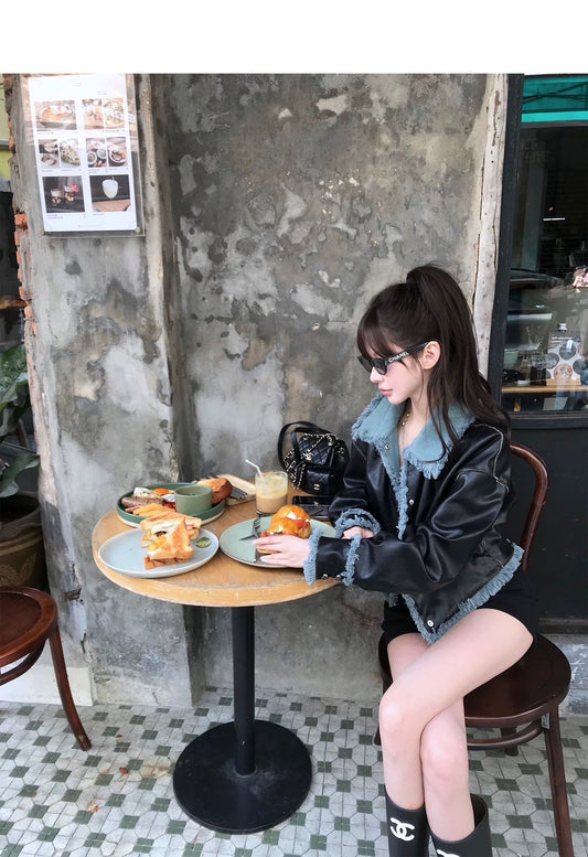 Fri. 牛仔流蘇皮革vintage 雙拼接外套