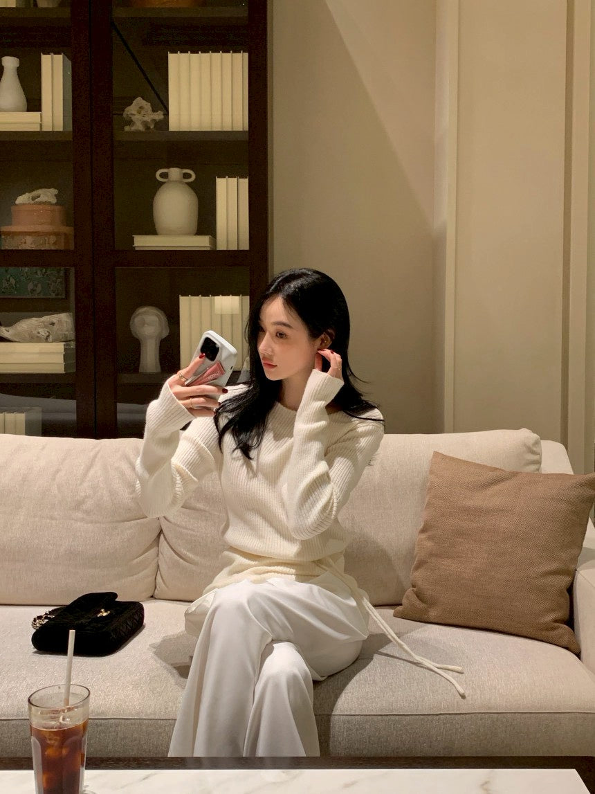 Fri. 秋冬設計感修身繫帶慵懶針織上衣 黑/米白