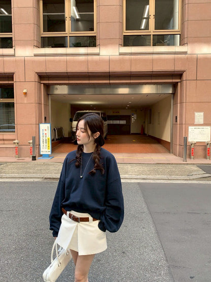 Fri. 休閒慵懶圓領衛衣 韓版百搭褲裙 藍衣白褲