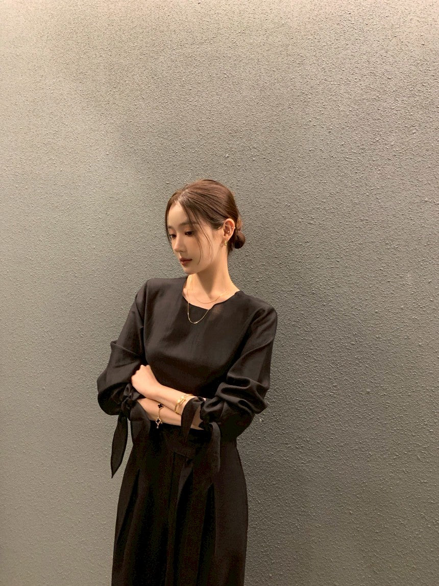 Thu. 春夏chic韓系簡約蝴蝶結綁袖上衣 灰色/黑色