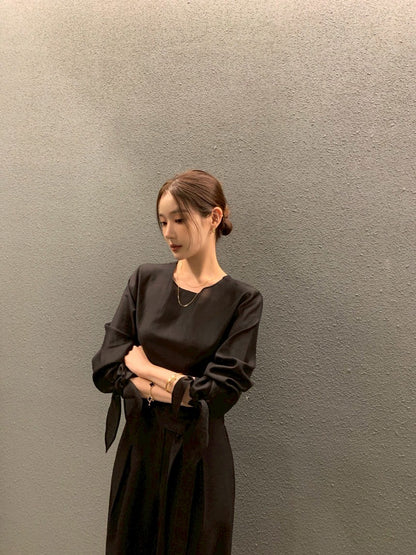 Thu. 春夏chic韓系簡約蝴蝶結綁袖上衣 灰色/黑色