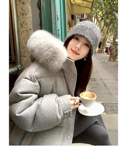 Thu. 安心90白鴨絨斜紋吐司毛毛連帽羽絨外套