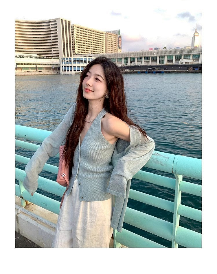 Thu. 自由領落仿天絲亞麻針織上衣2件套 鹽藍