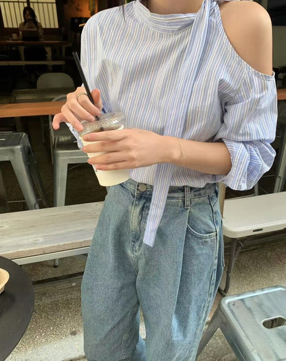 Mon. 復古韓早春條紋綁帶露肩上衣 藍