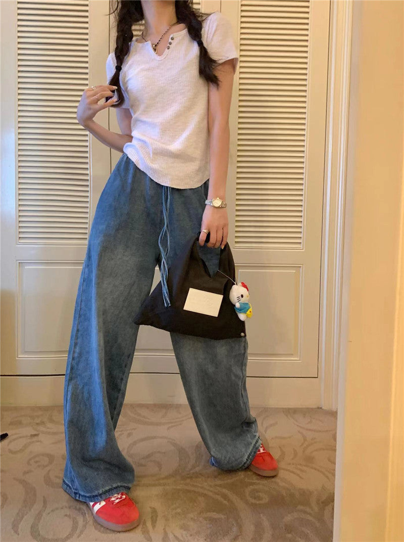 Thu. 牛仔繩綁帶鬆緊牛仔拖地長褲