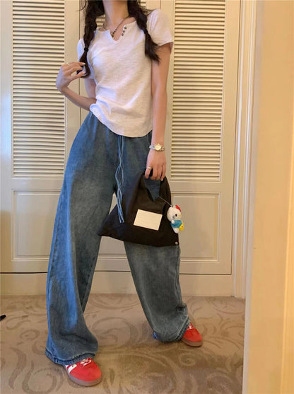 Thu. 牛仔繩綁帶鬆緊牛仔拖地長褲