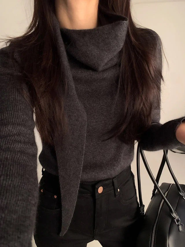 Mon. 氣質疊穿圍巾領百搭針織衫 米白/深灰