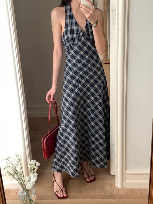 Mon. 復古格紋顯瘦港風V領掛脖連身裙