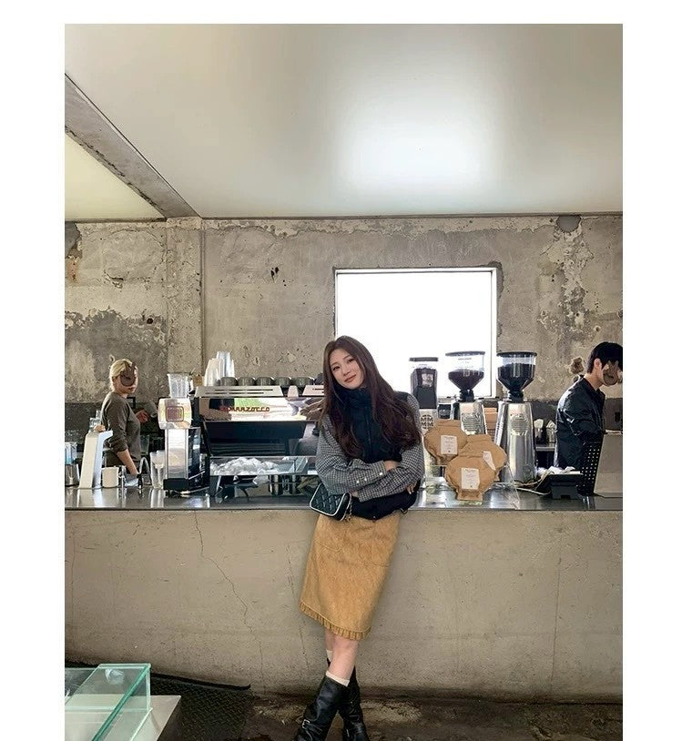 Thu. 秋冬復古褶皺半身裙 卡其