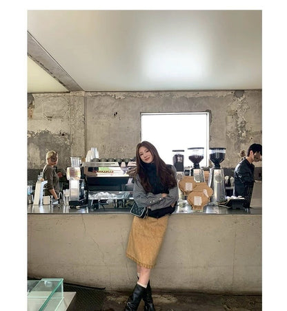 Thu. 秋冬復古褶皺半身裙 卡其