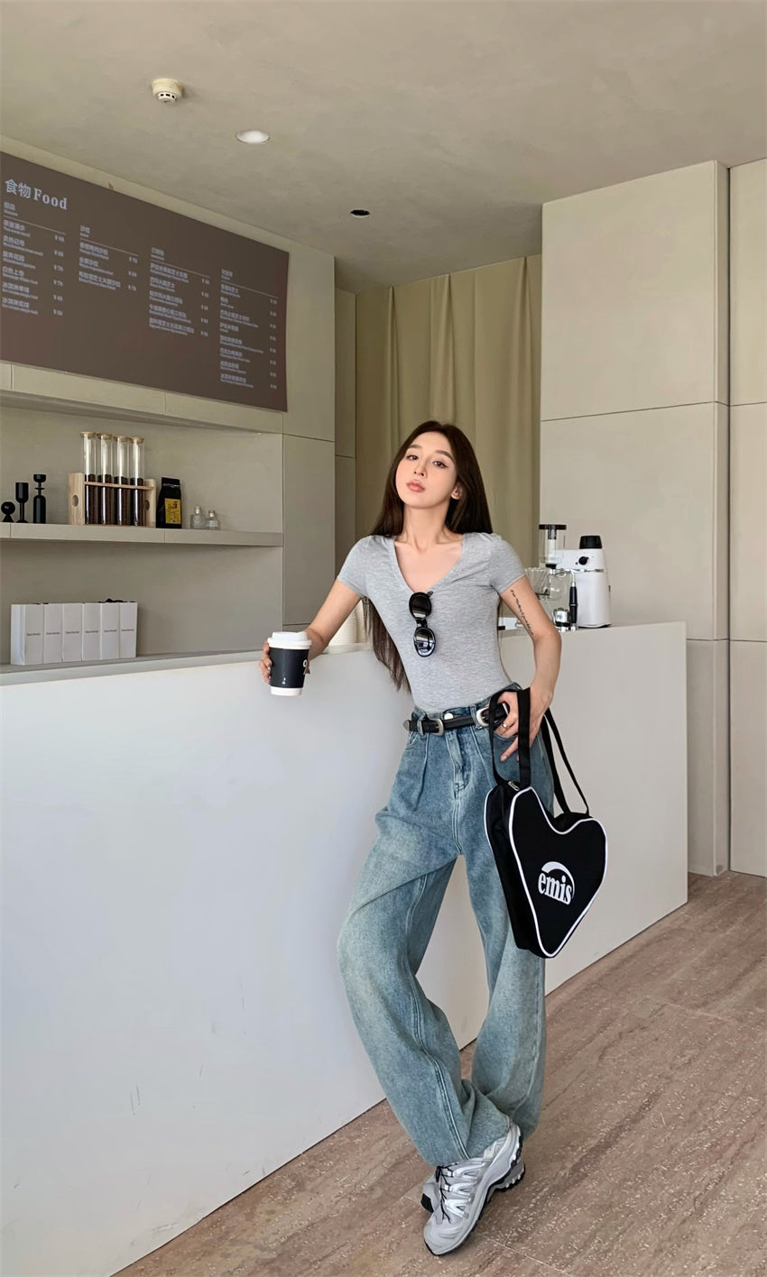 Mon. 正肩百搭打底彈力T 灰 (兩種領口)