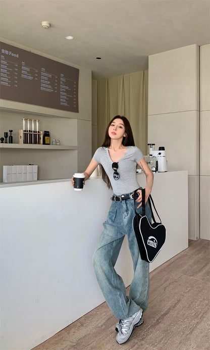 Mon. 正肩百搭打底彈力T 灰 (兩種領口)