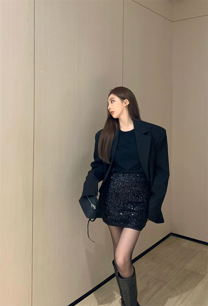 Wed. 通勤兩粒扣墊肩西裝外套 黑色亮片裙