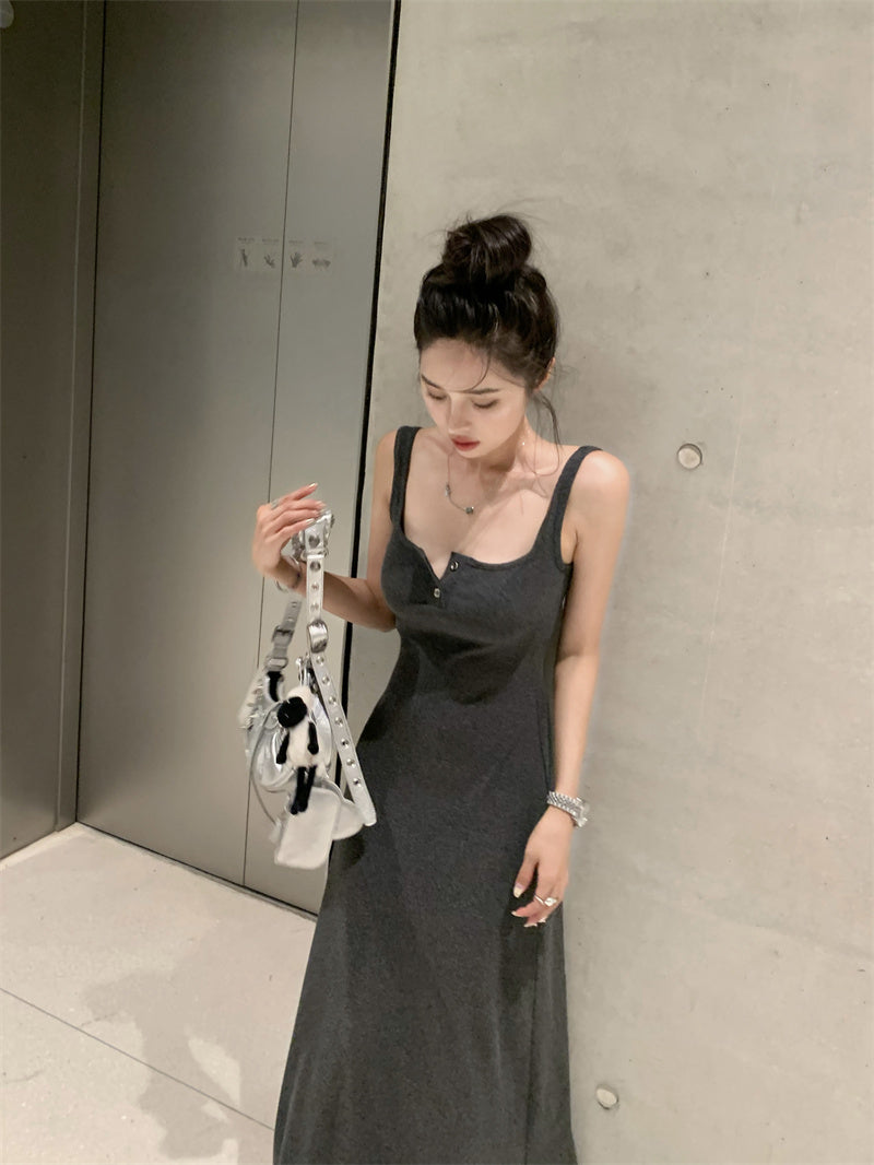 Sun. 百搭純色鈕扣連身裙 灰