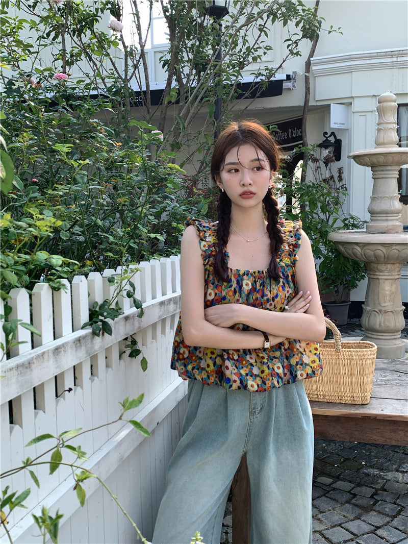 Thu. 油畫小碎花無袖上衣