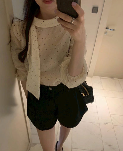 Mon. 韓系波點繫帶長袖襯衫 杏