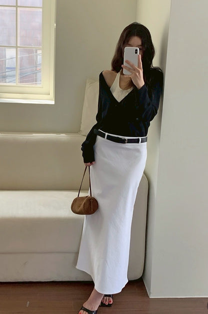 Fri. 氣質假兩件式撞色針織上衣 黑拼白/灰拼色